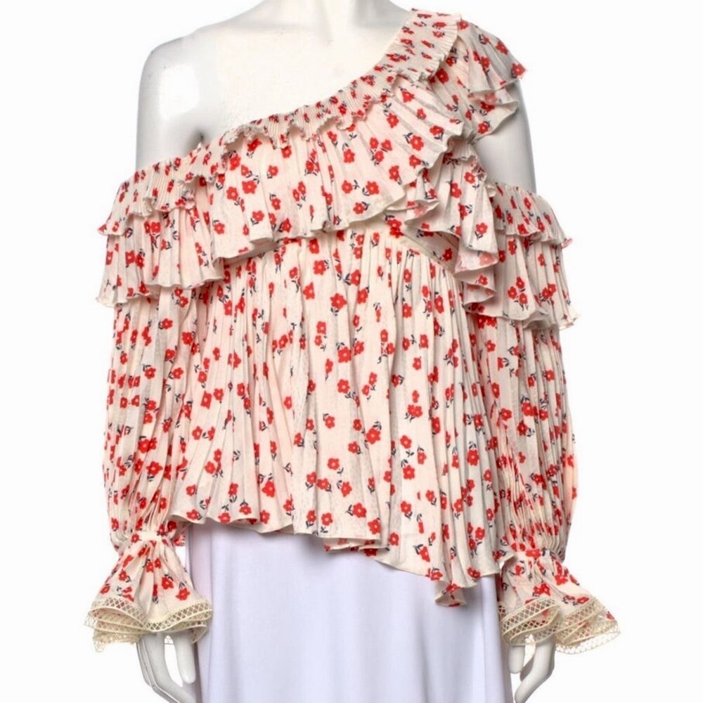 Self-Portrait Ditsy Floral Print One Shoulder Blouse, Sz 2 - Picture 3 of 16